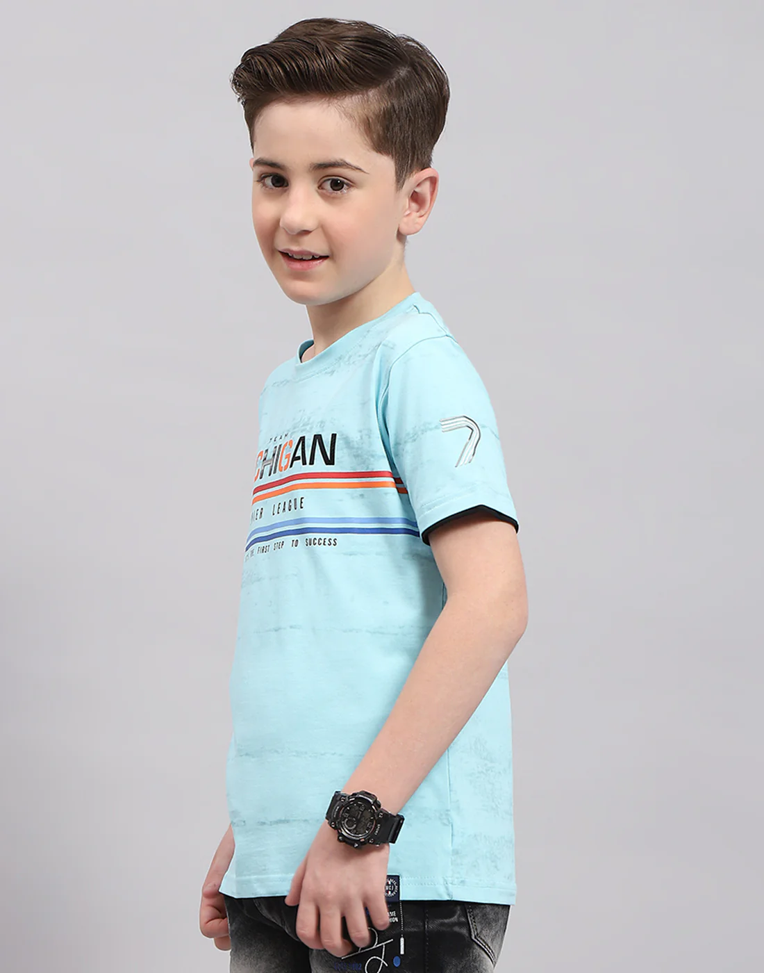 Boys Blue Printed Round Neck Half Sleeve T-Shirt - Image 3