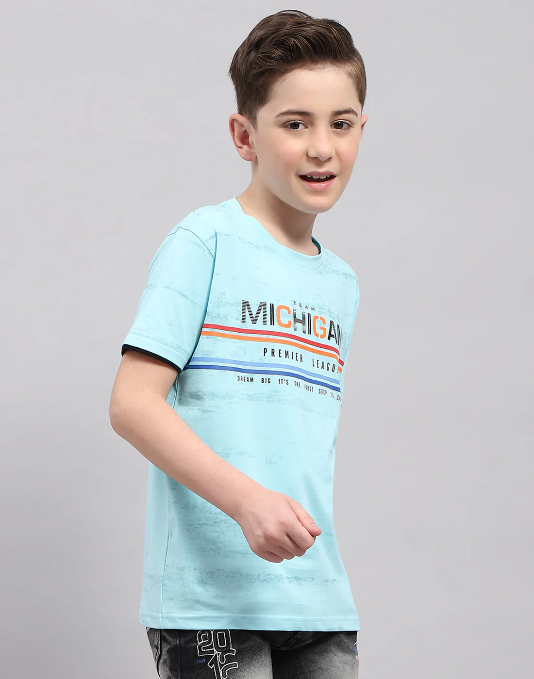Boys Blue Printed Round Neck Half Sleeve T-Shirt - Image 4