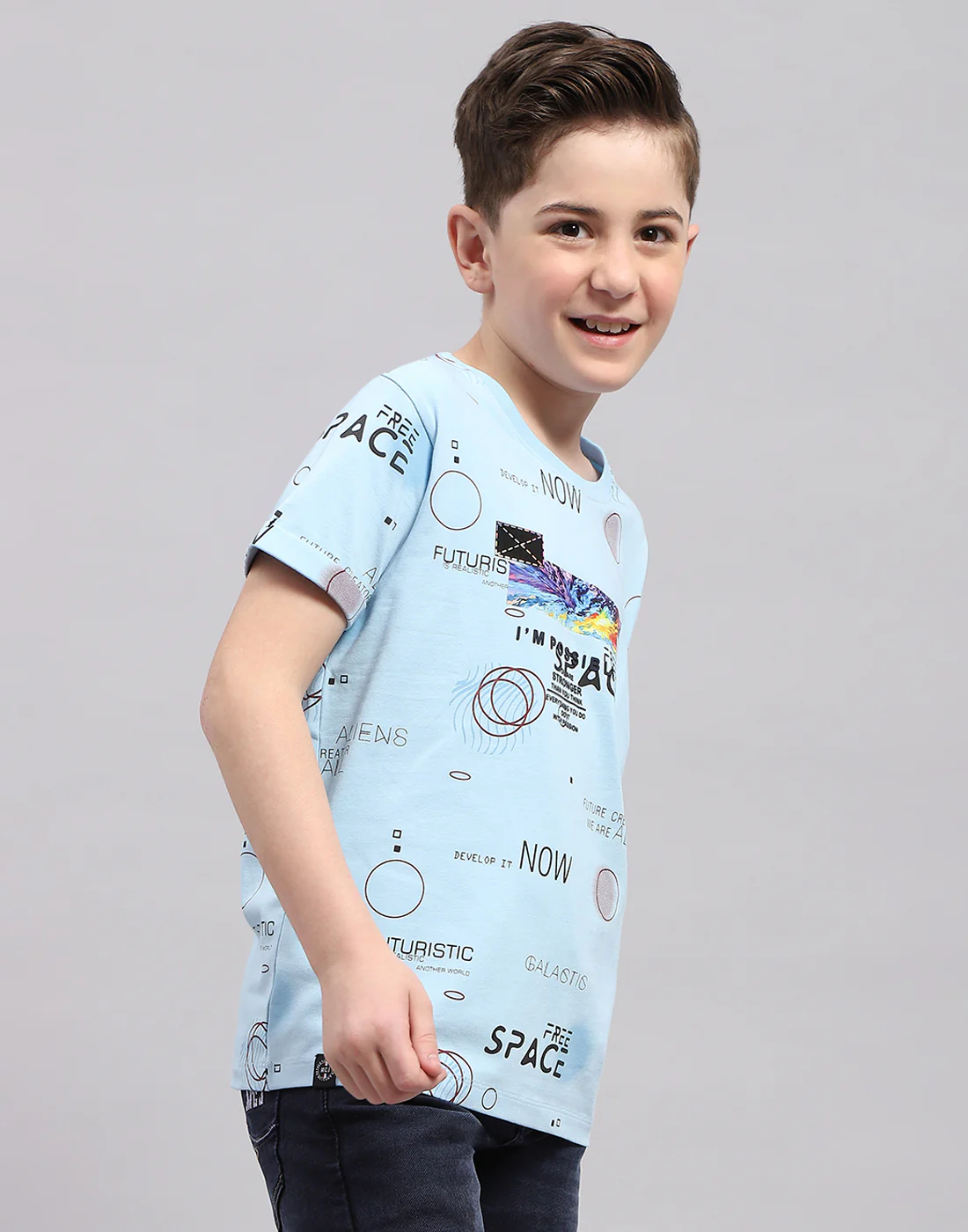 Boys Blue Printed Round Neck Half Sleeve T-Shirt - Image 4
