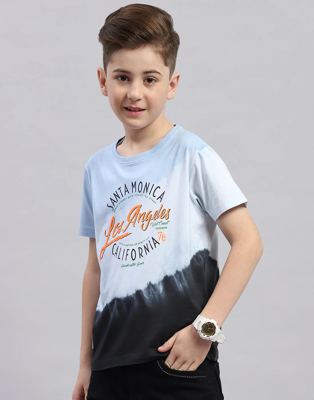 Boys Blue Printed Round Neck Half Sleeve T-Shirt - Image 4