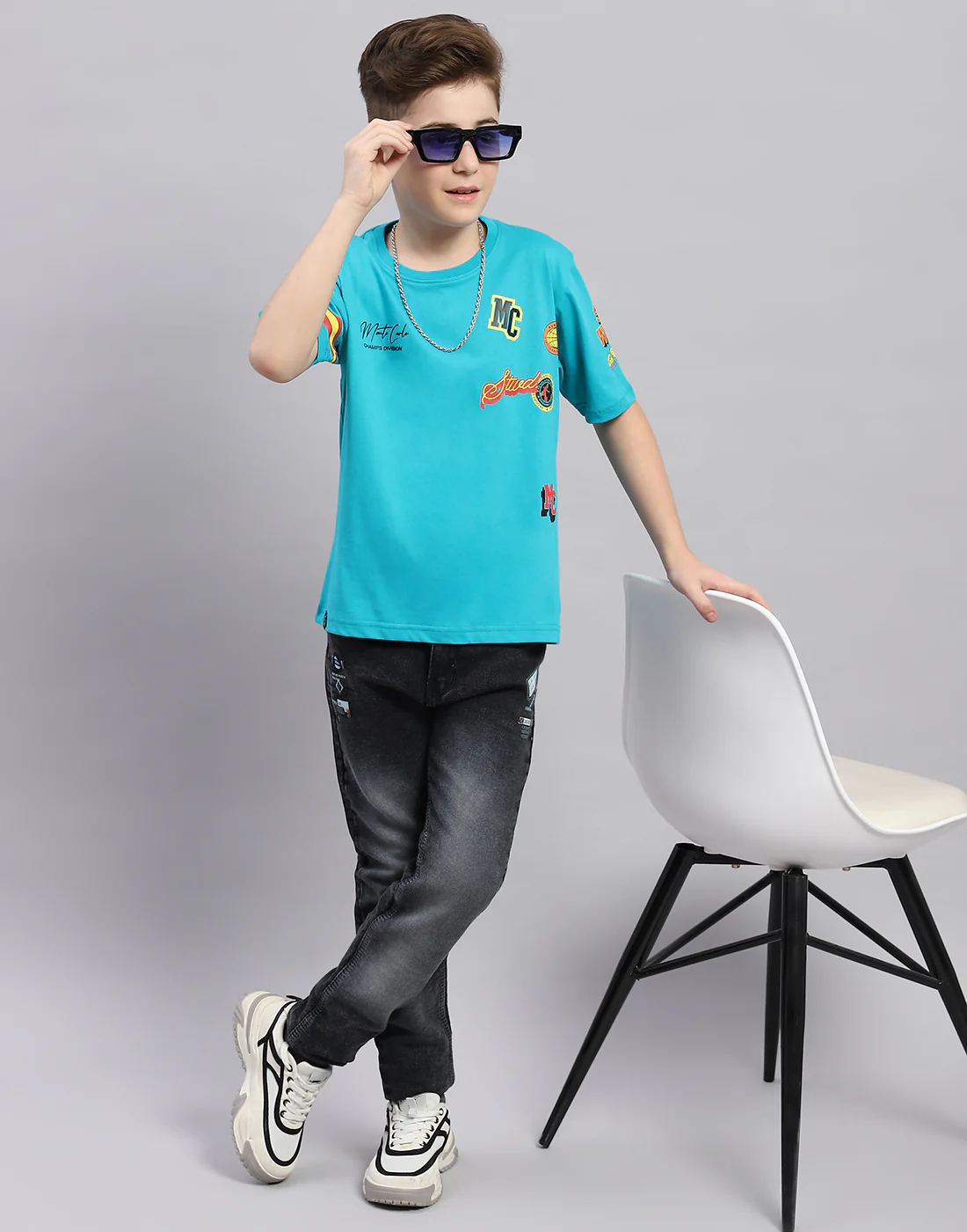 Boys Blue Printed Round Neck Half Sleeve T-Shirt - Image 2