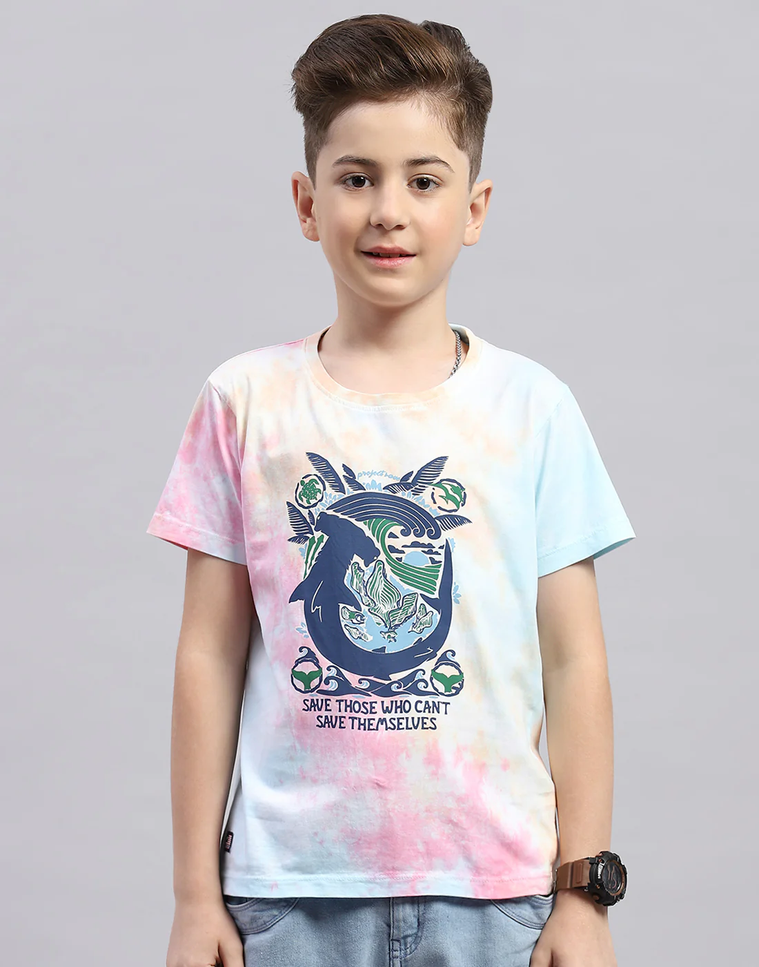 Boys Blue Printed Round Neck Half Sleeve T-Shirt - Image 3