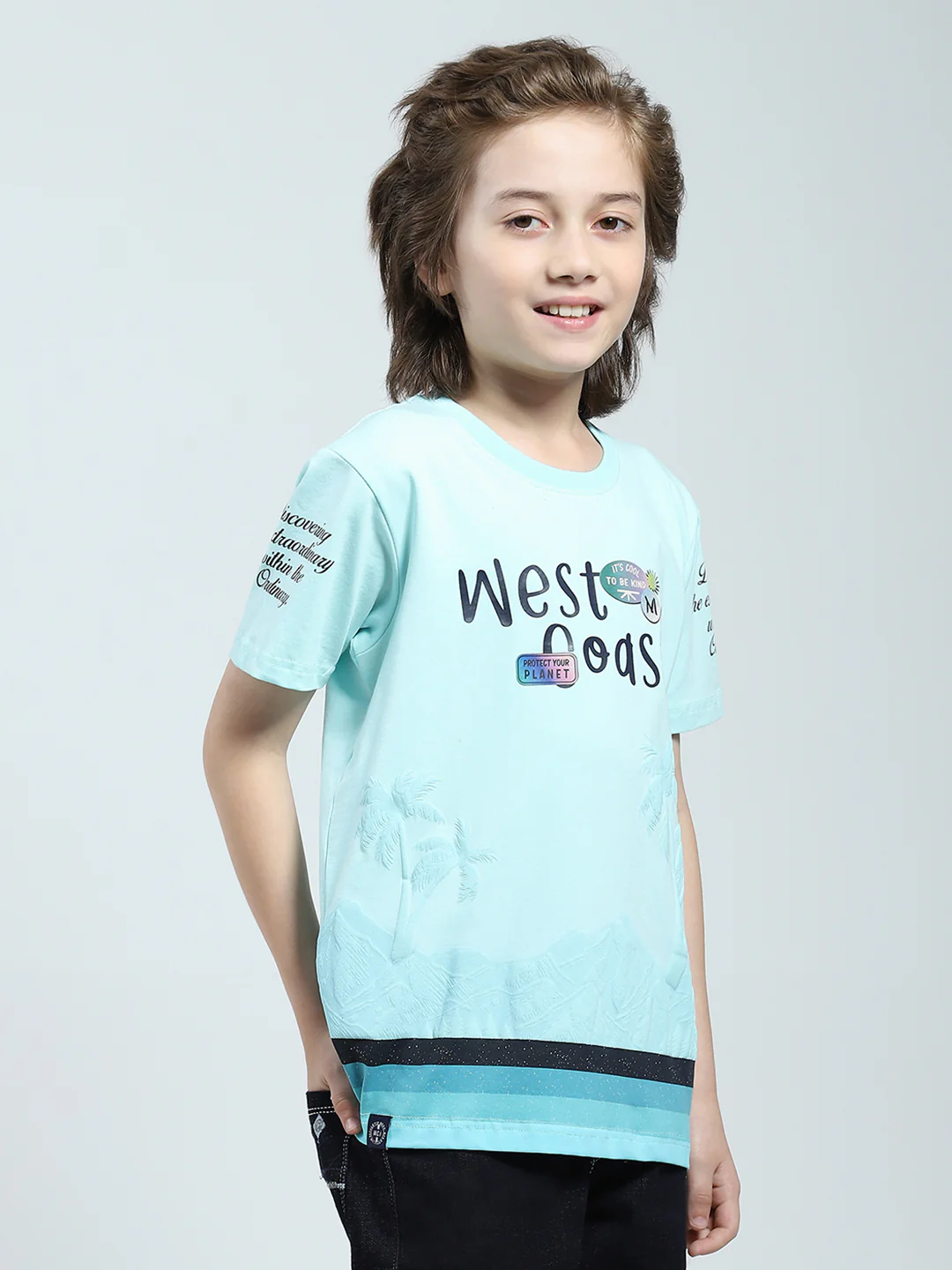 Boys Blue Printed Round Neck Half Sleeve T-Shirt - Image 4