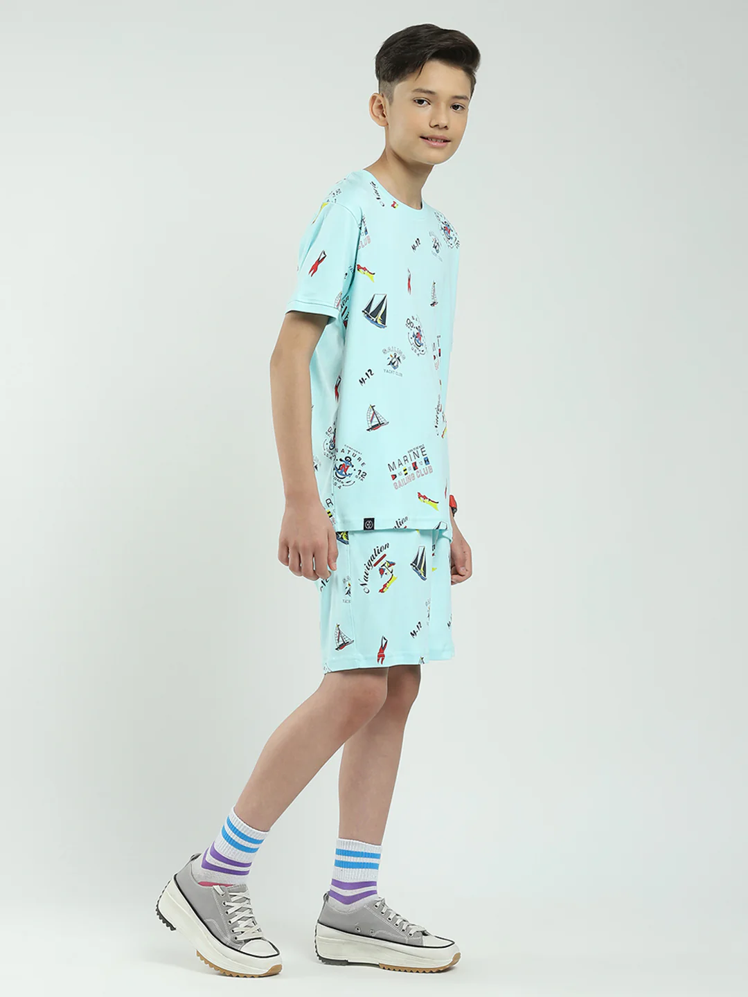 Boys Blue Printed Round Neck Half Sleeve Bermuda Set - Image 4