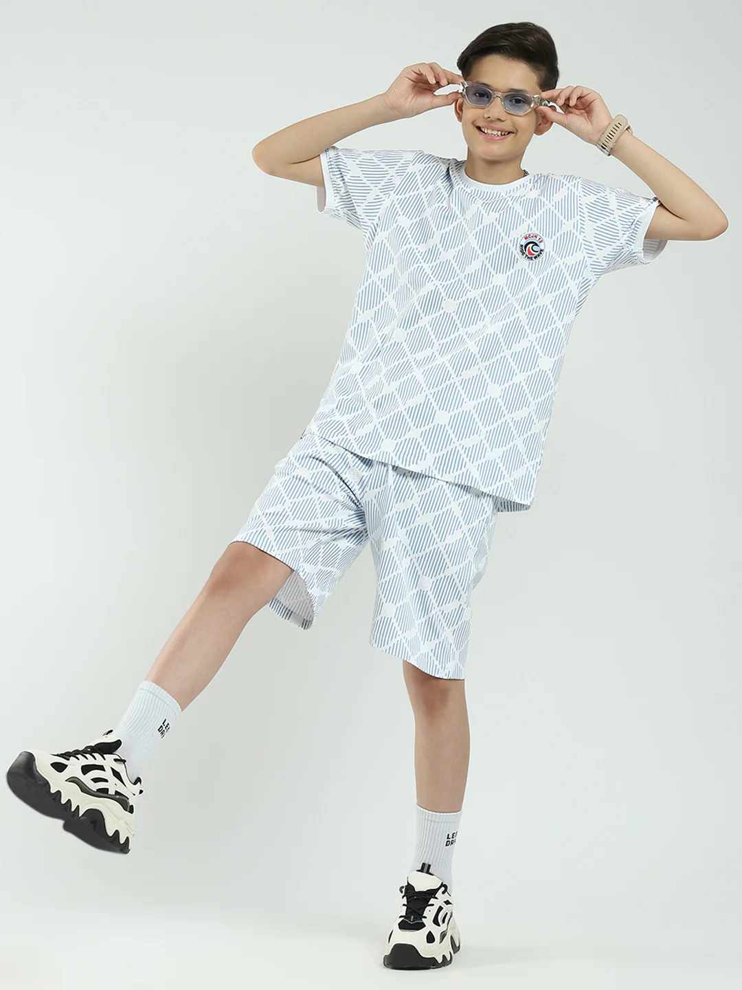 Boys Blue Printed Round Neck Half Sleeve Bermuda Set - Image 2