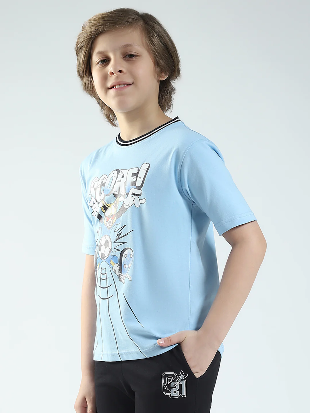 Boys Blue Printed Round Neck Half Sleeve T-Shirt - Image 3