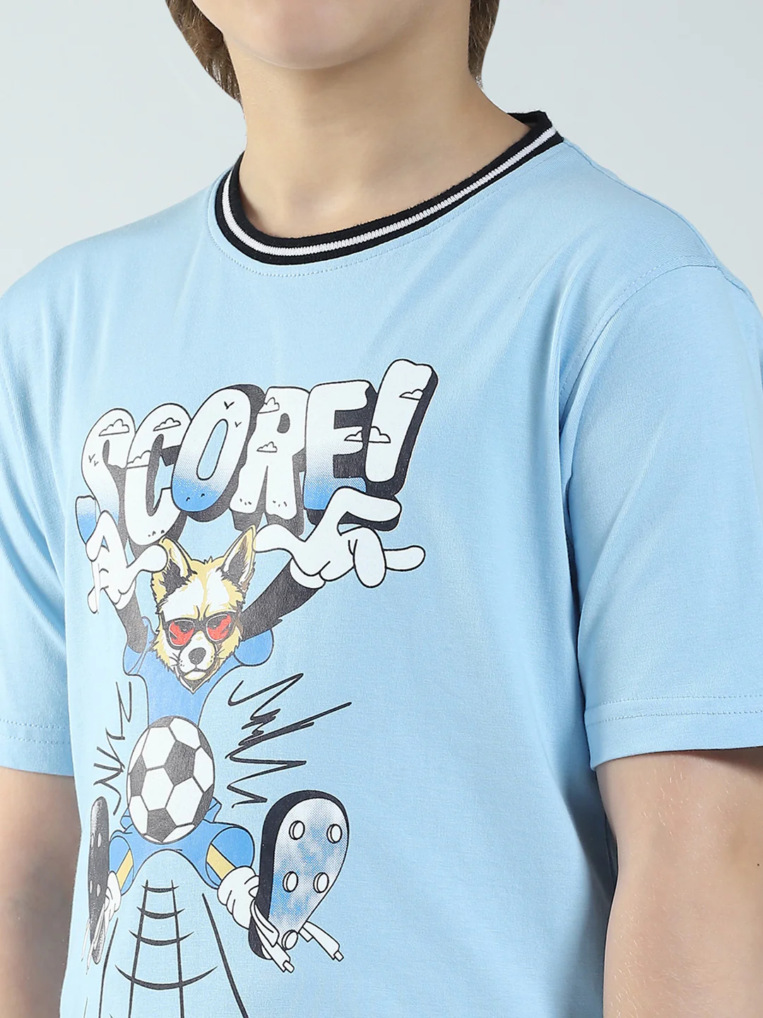 Boys Blue Printed Round Neck Half Sleeve T-Shirt - Image 6