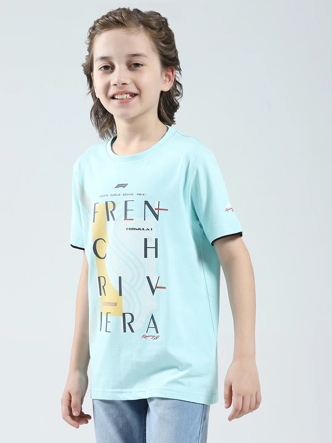Boys Blue Printed Round Neck Half Sleeve T-Shirt - Image 3