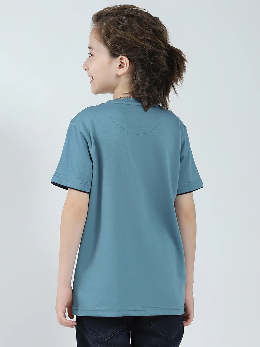 Boys Blue Printed Round Neck Half Sleeve T-Shirt - Image 5