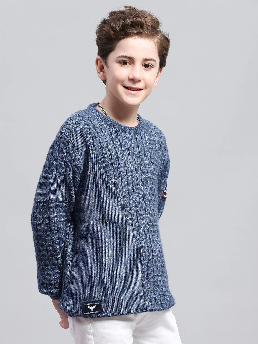 Boys Blue Self Design Round Neck Full Sleeve Pullover - Image 4