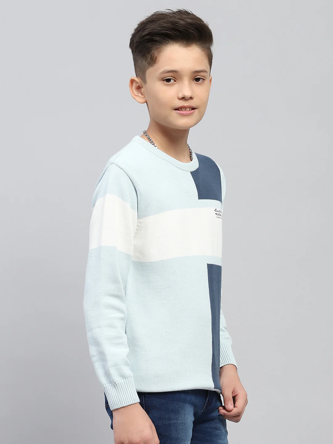 Boys Blue Self Design Round Neck Full Sleeve Pullover - Image 4