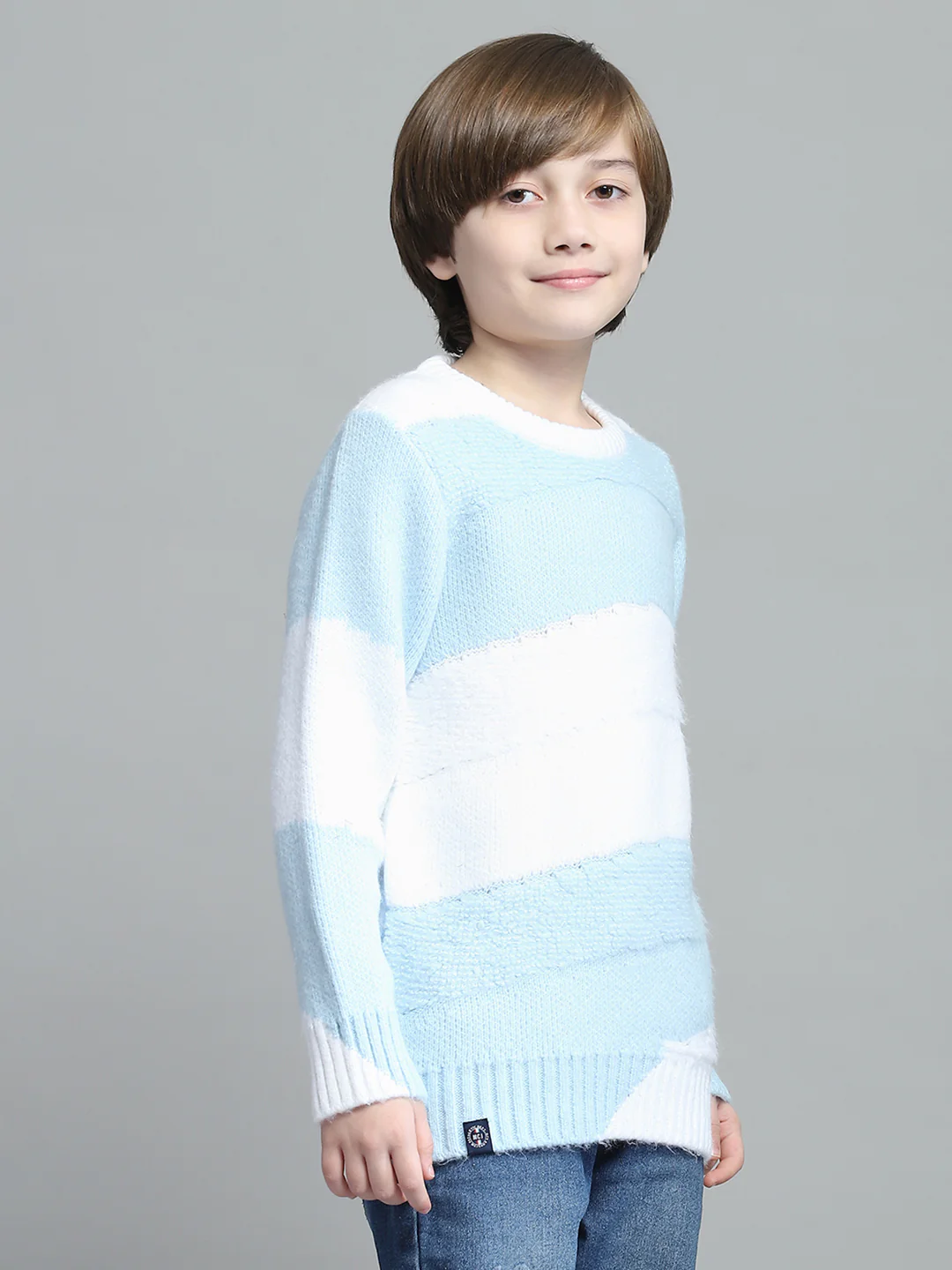Boys Blue Self Design Round Neck Full Sleeve Pullover - Image 4
