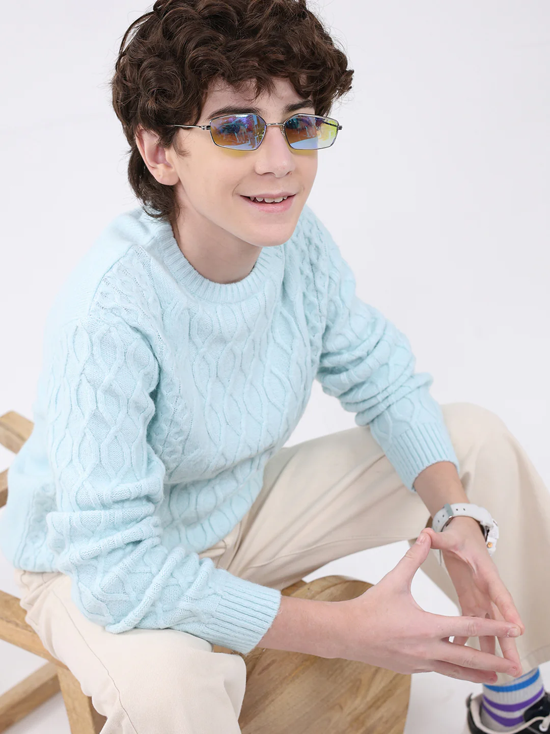 Boys Blue Self Design Round Neck Full Sleeve Pullover - Image 6