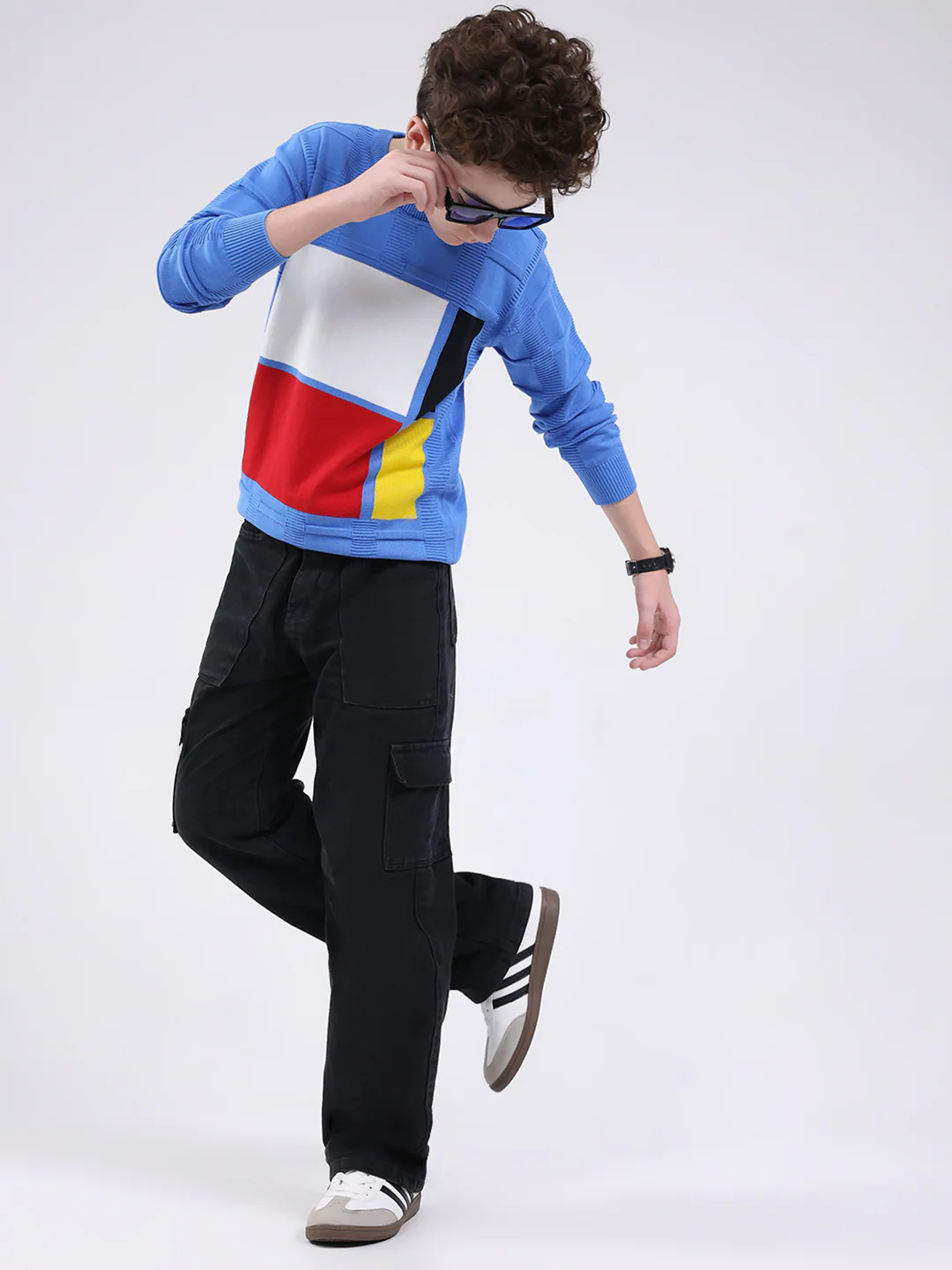 Boys Blue Self Design Round Neck Full Sleeve Pullover - Image 2