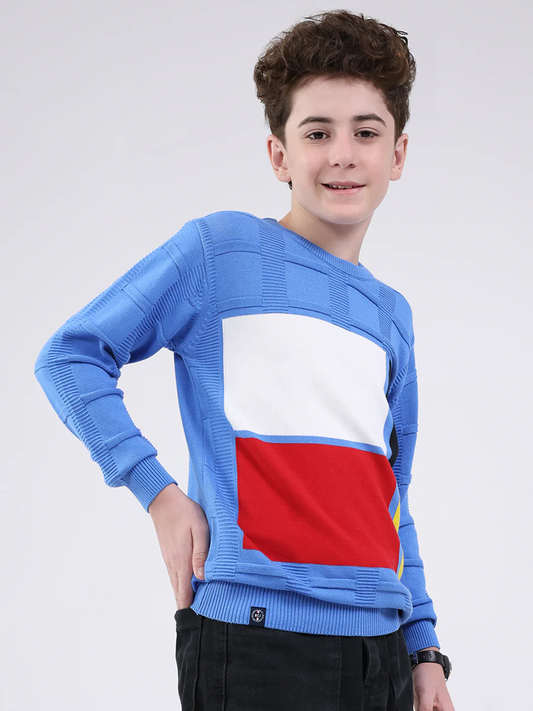 Boys Blue Self Design Round Neck Full Sleeve Pullover - Image 4