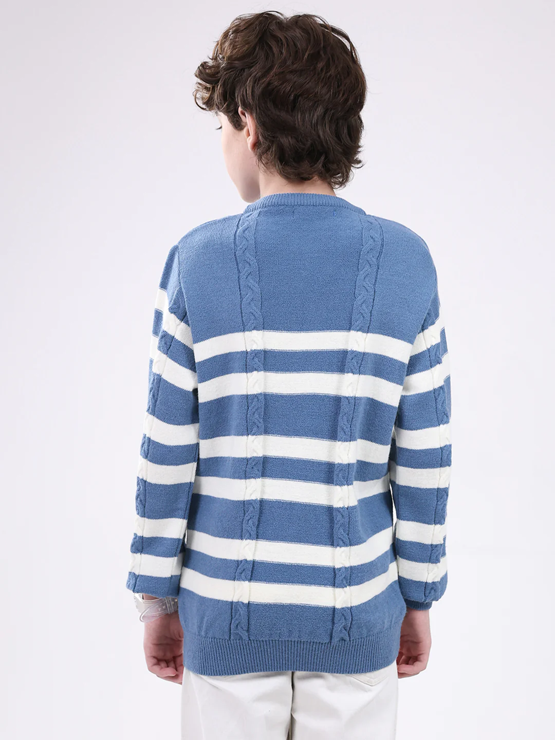 Boys Blue Self Design Round Neck Full Sleeve Pullover - Image 5