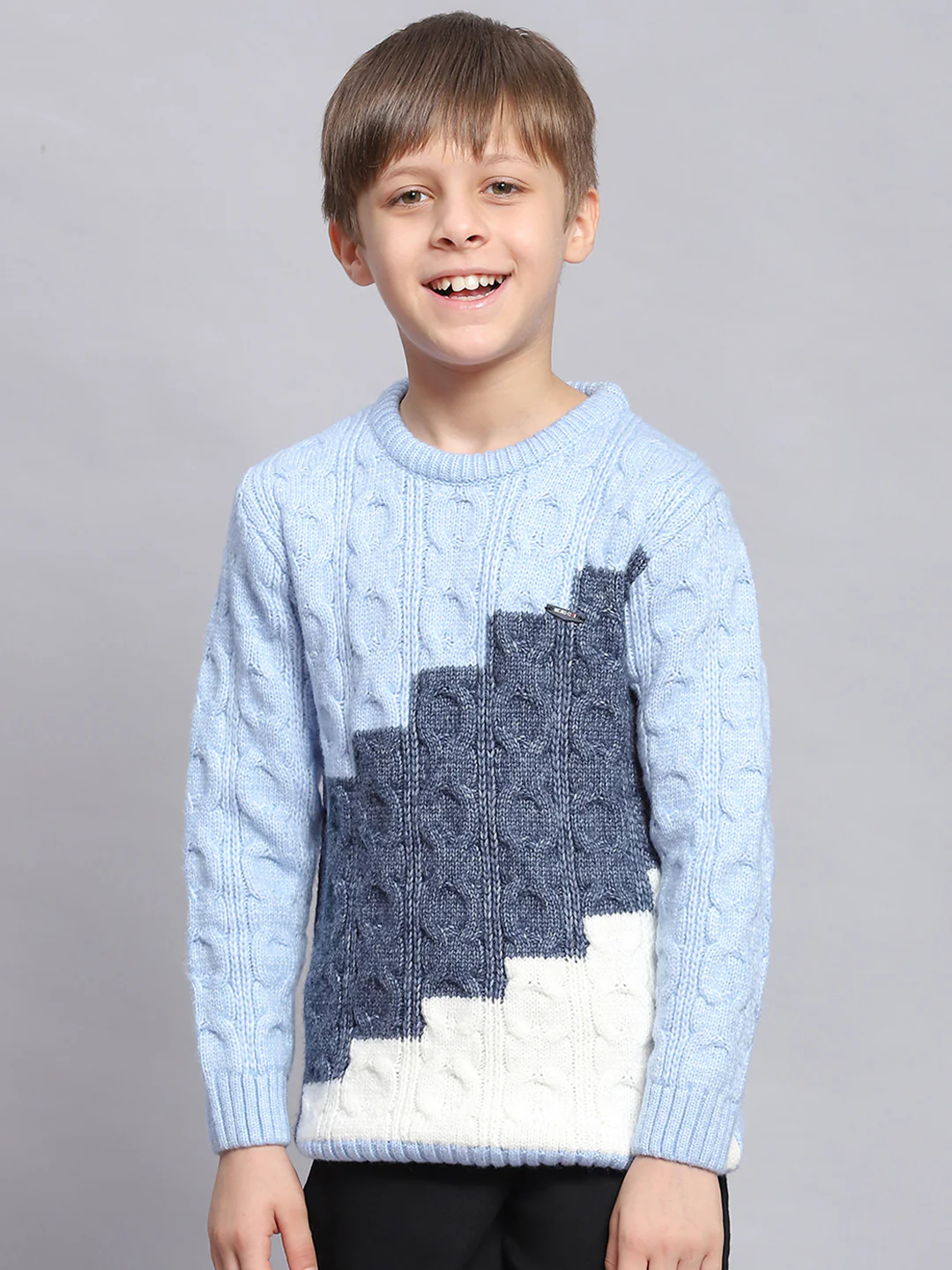 Boys Blue Self Design Round Neck Full Sleeve Sweater - Image 2