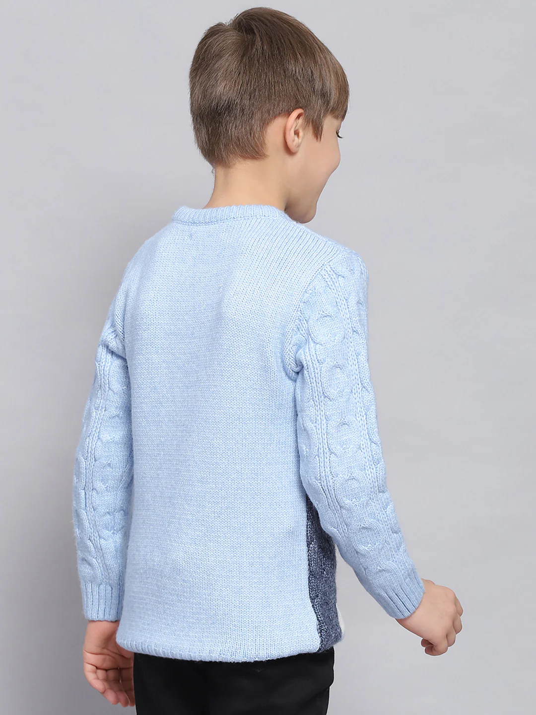 Boys Blue Self Design Round Neck Full Sleeve Sweater - Image 5