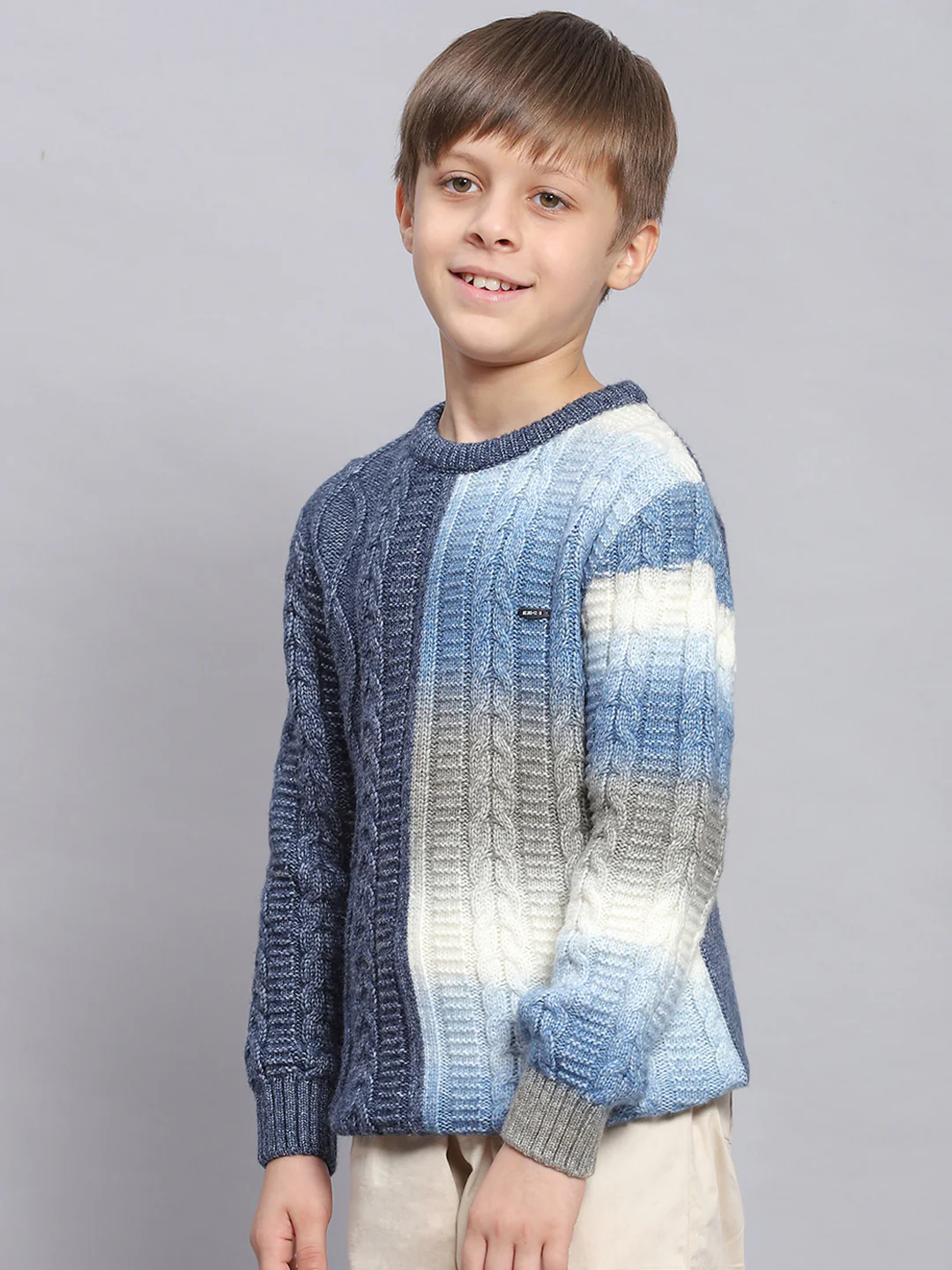 Boys Blue Self Design Round Neck Full Sleeve Sweater - Image 3