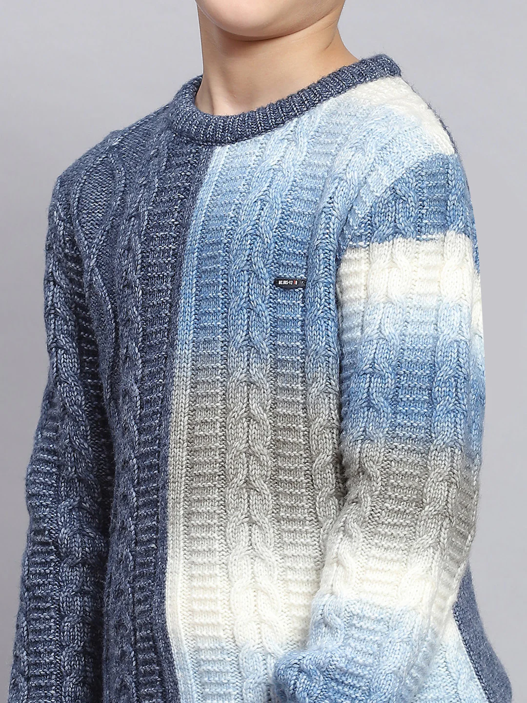 Boys Blue Self Design Round Neck Full Sleeve Sweater - Image 6