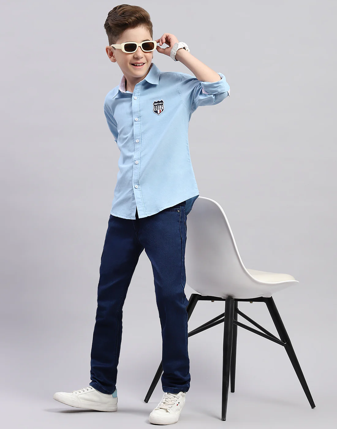Boys Blue Solid Collar Full Sleeve Shirt - Image 2