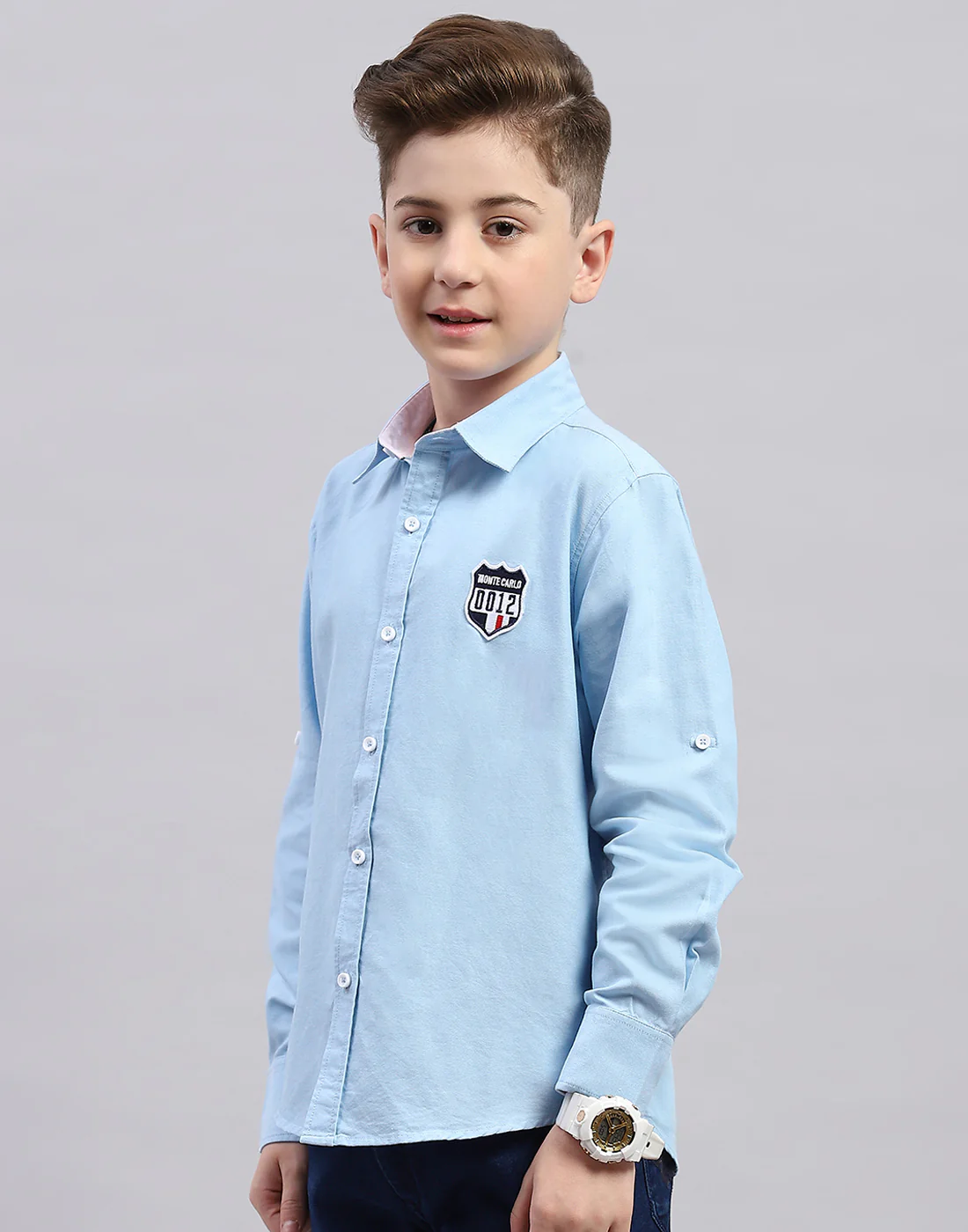 Boys Blue Solid Collar Full Sleeve Shirt - Image 3