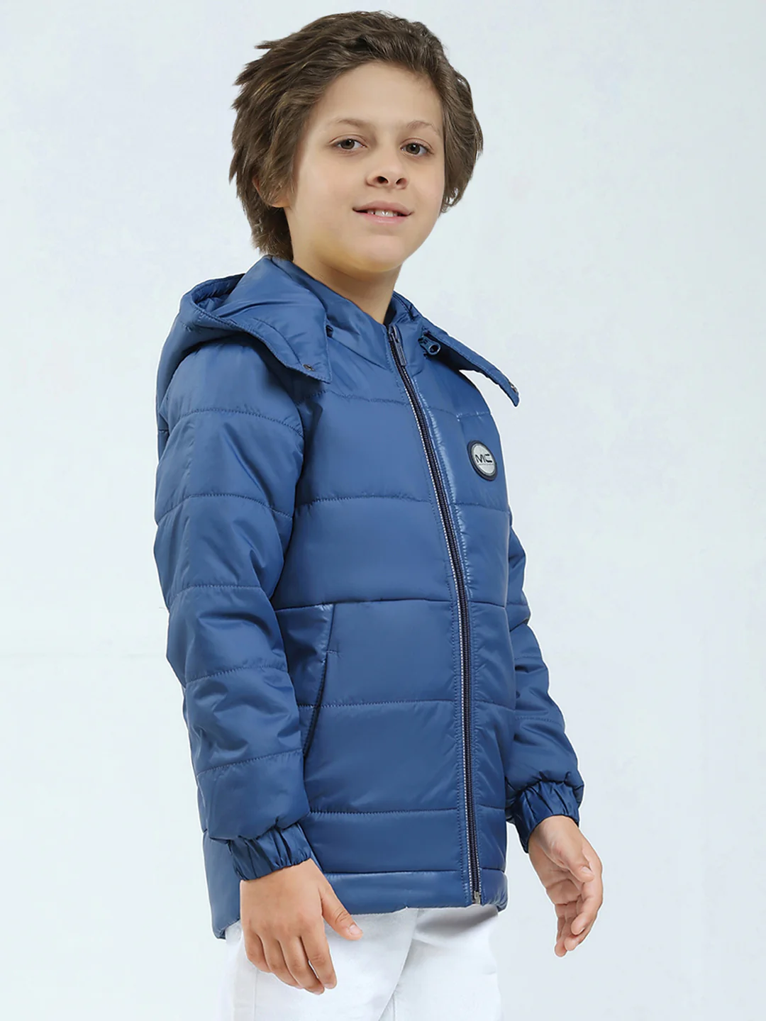 Boys Blue Solid Hooded Full Sleeve Jacket - Image 4
