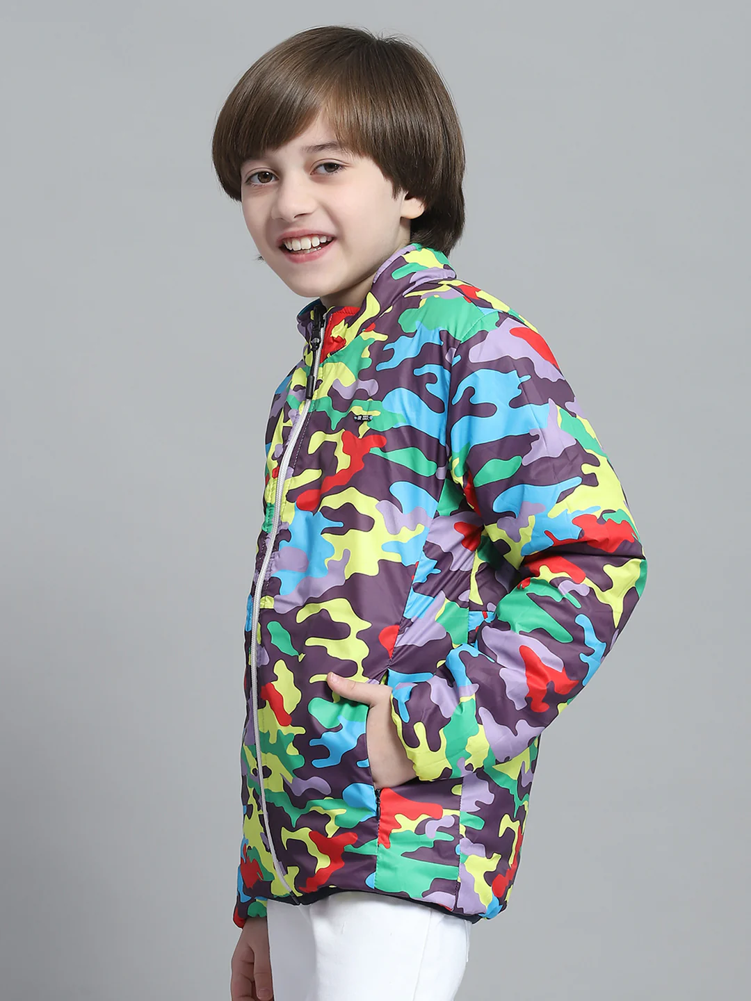 Boys Blue Solid Mock Neck Full Sleeve Reversible Jacket - Image 7