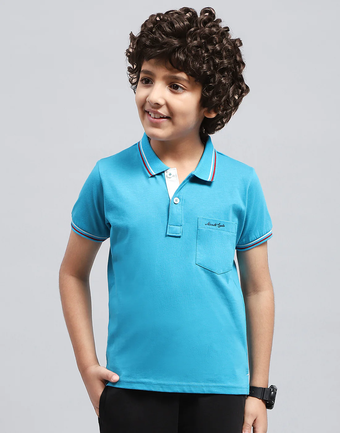Boys Blue Solid Polo Collar Half Sleeve T-Shirt - Image 3