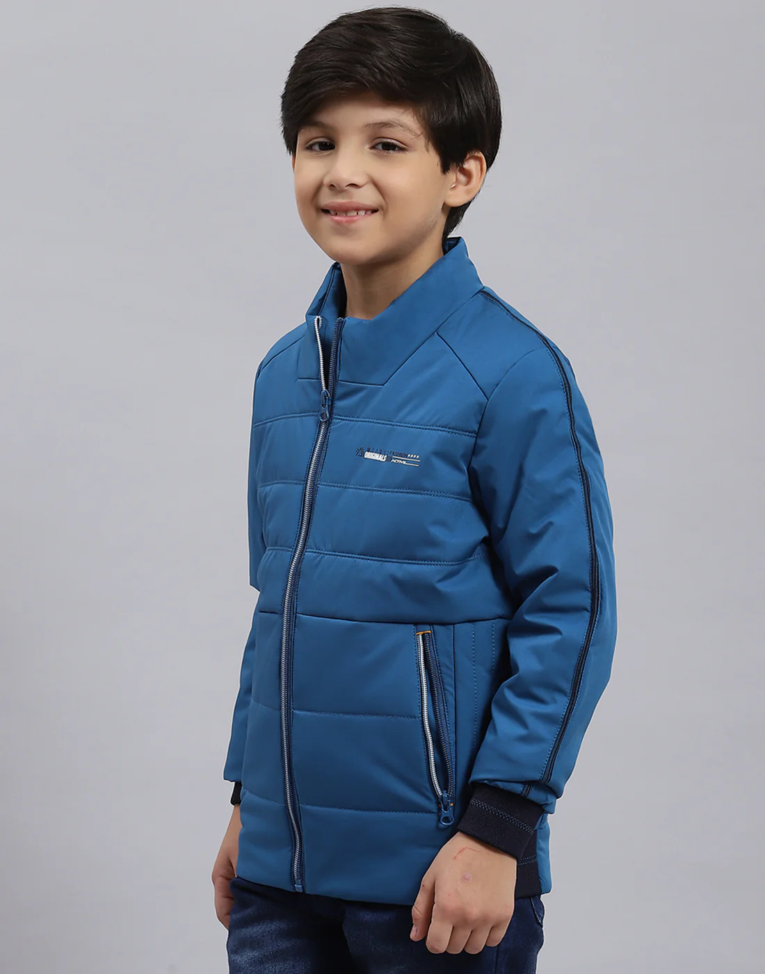 Boys Blue Solid Stand Collar Full Sleeve Boys Jacket - Image 4