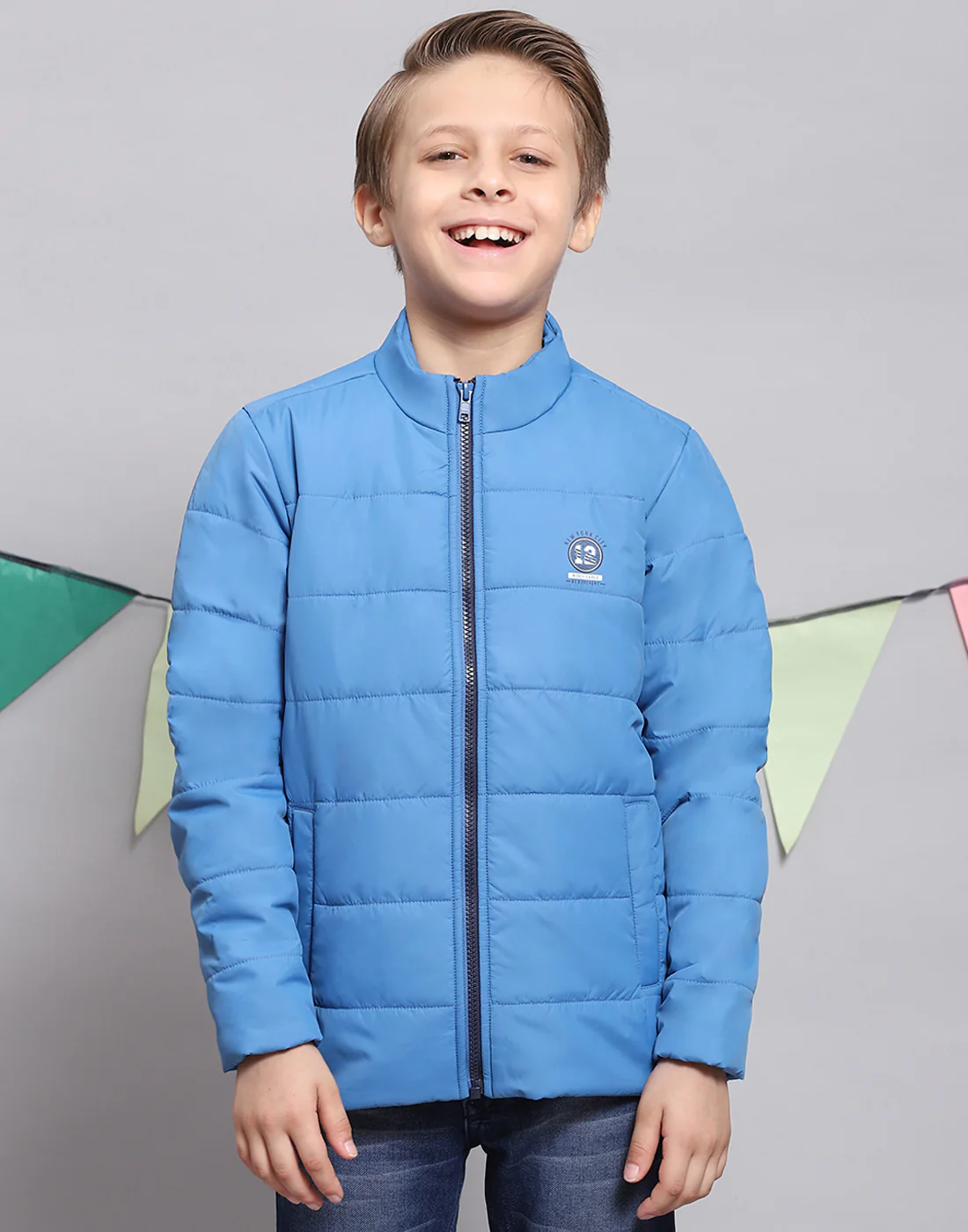 Boys Blue Solid Stand Collar Full Sleeve Boys Jacket - Image 3
