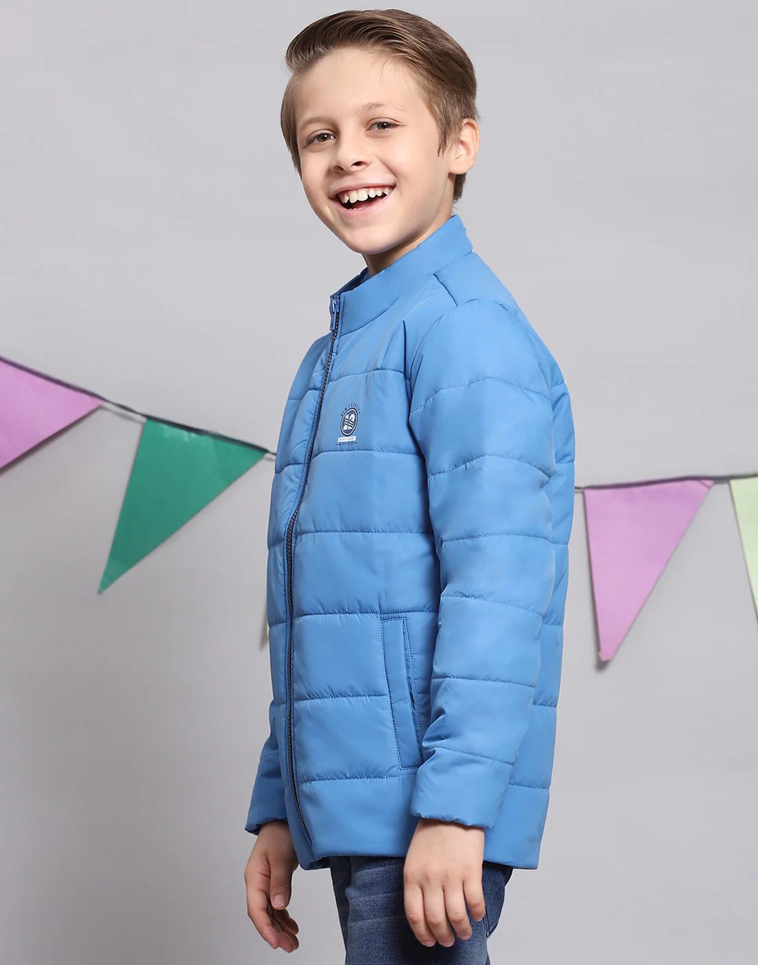 Boys Blue Solid Stand Collar Full Sleeve Boys Jacket - Image 4
