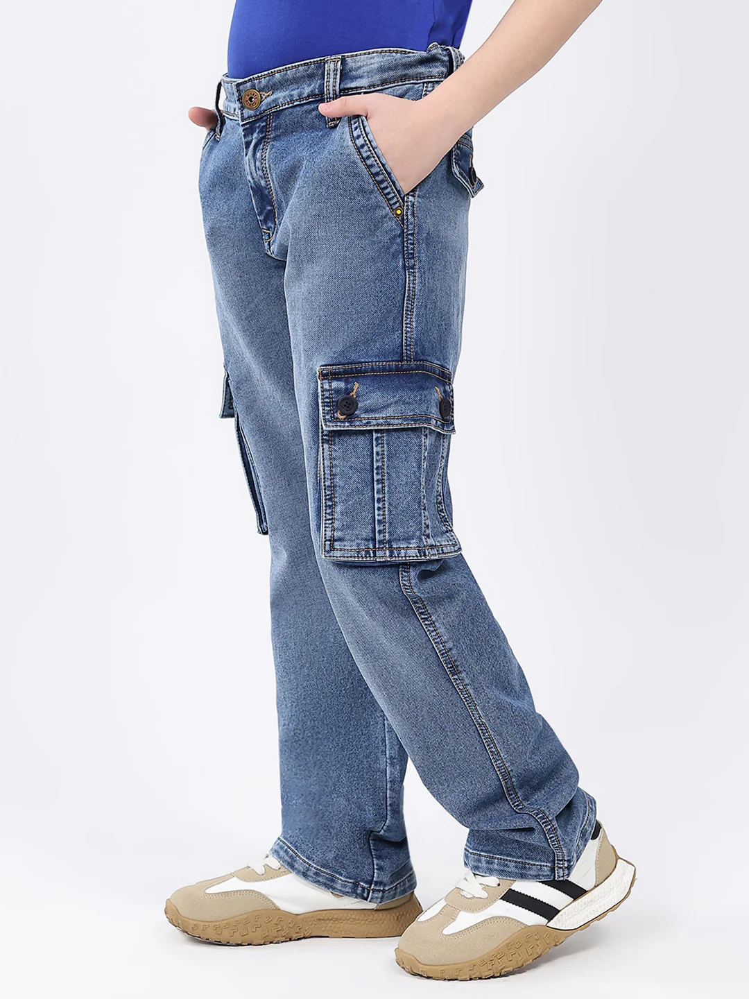 Boys Blue Solid Straight Fit Cargo - Image 3