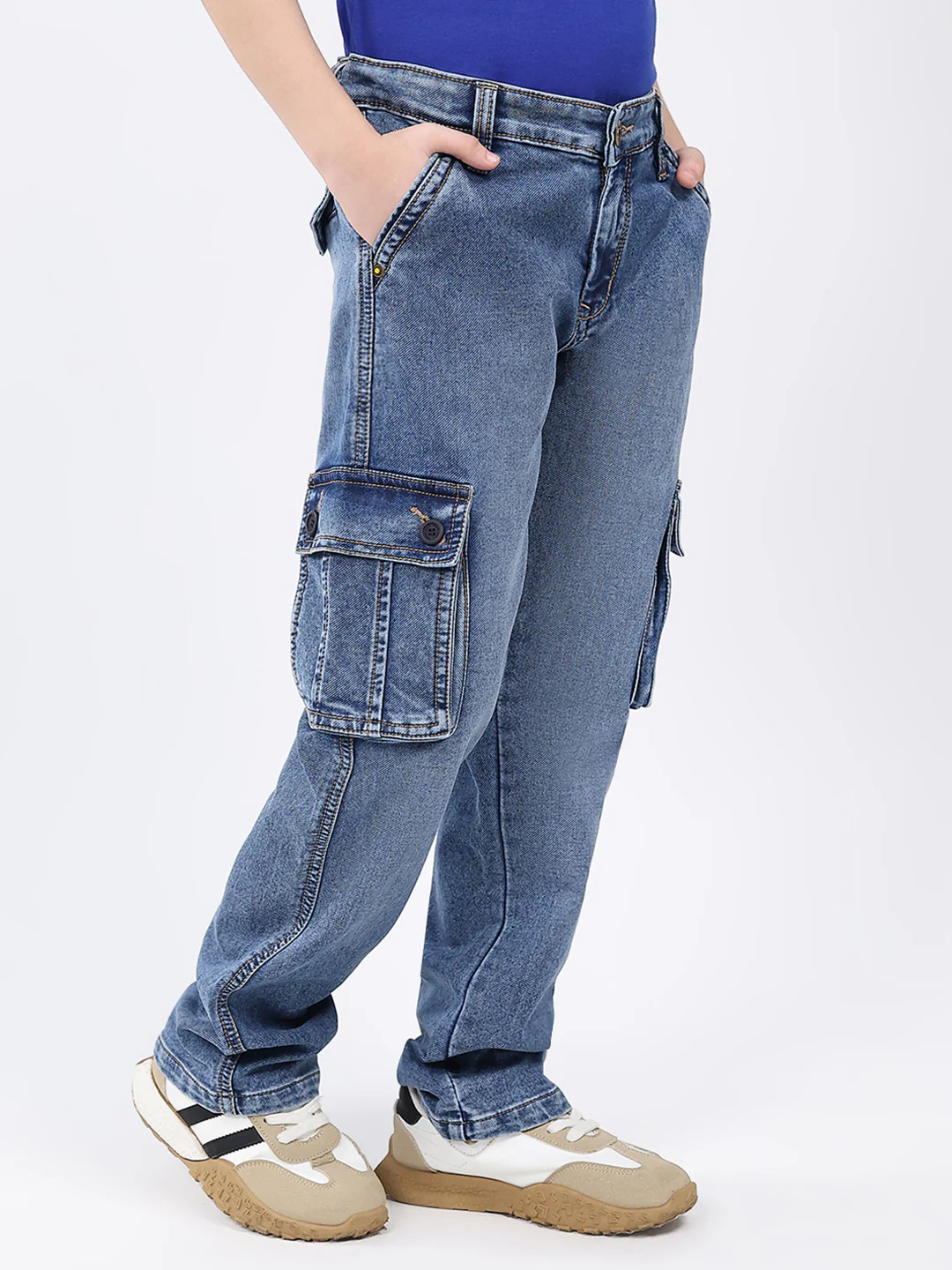 Boys Blue Solid Straight Fit Cargo - Image 4