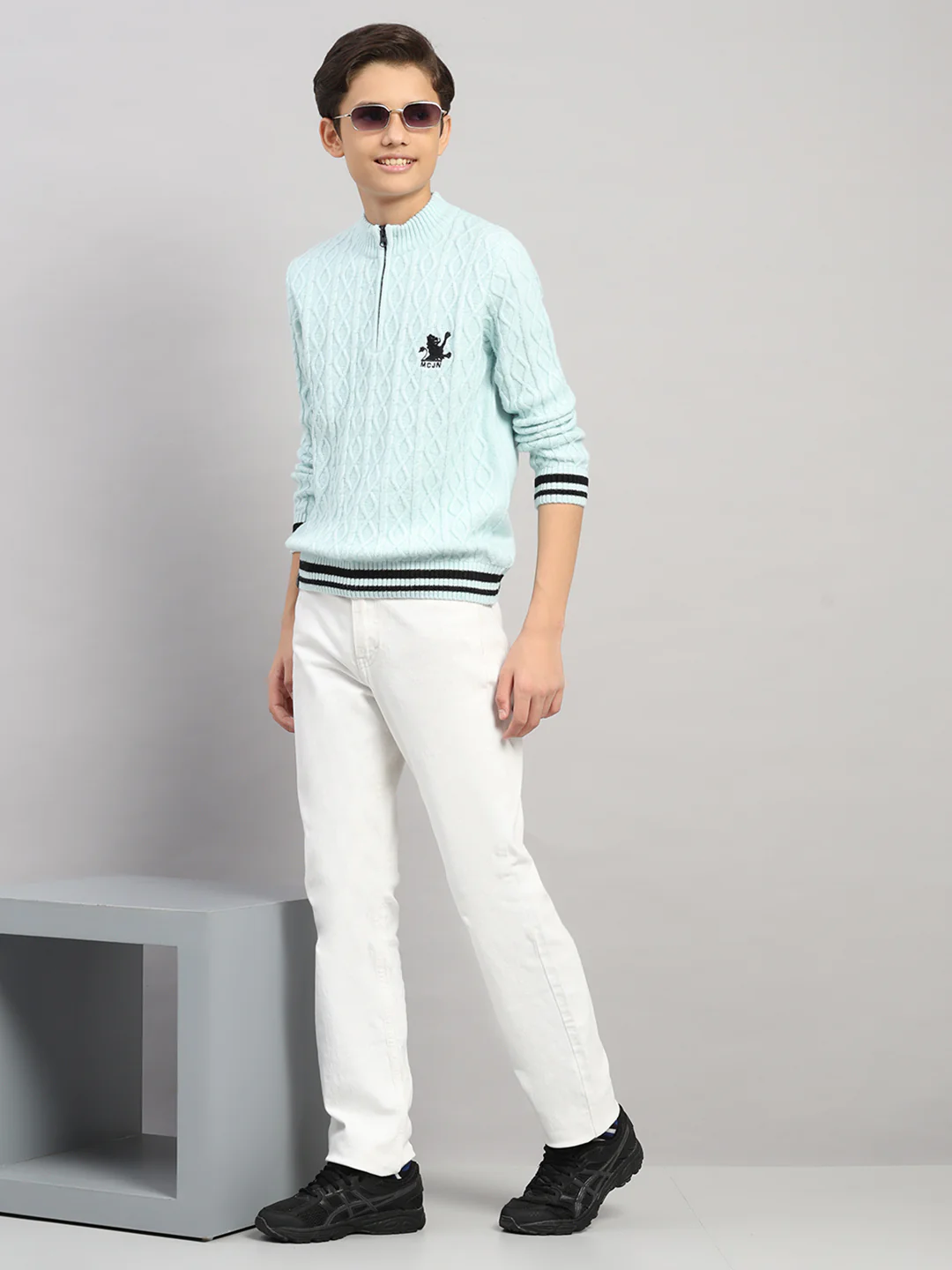 Boys Blue Stripe Collar Full Sleeve Pullover - Image 2