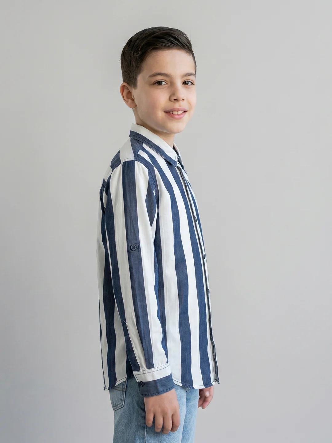 Boys Blue Stripe Collar Full Sleeve Shirt - Image 2