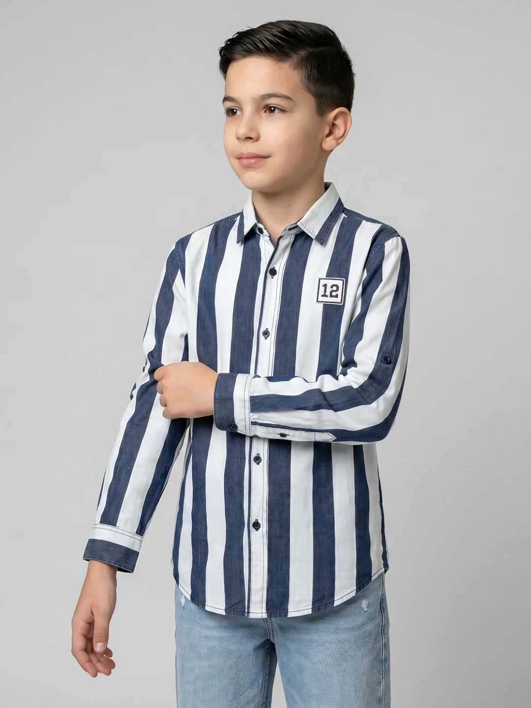 Boys Blue Stripe Collar Full Sleeve Shirt - Image 5