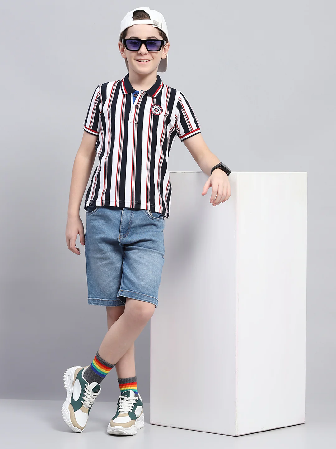 Boys Blue Stripe Collar Half Sleeve T-Shirt - Image 2