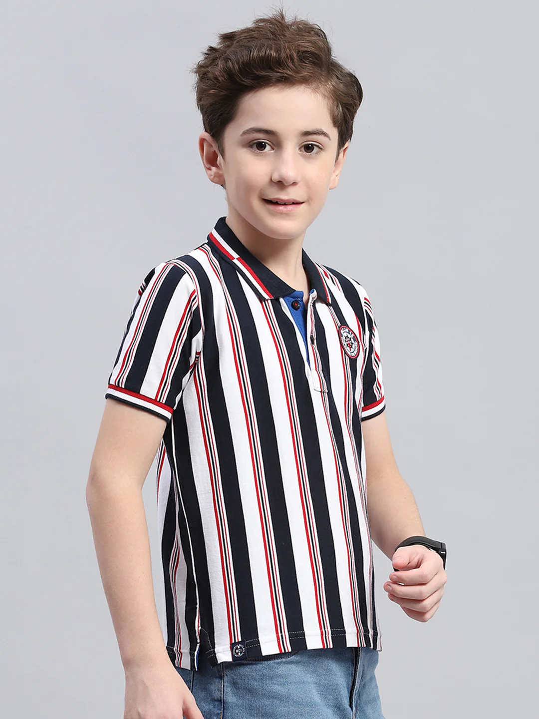 Boys Blue Stripe Collar Half Sleeve T-Shirt - Image 4