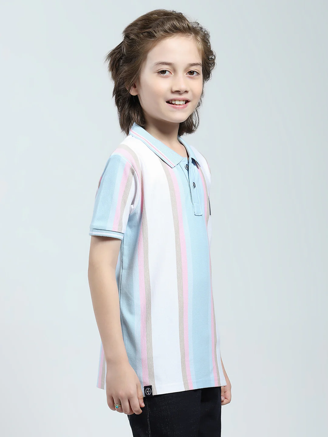 Boys Blue Stripe Collar Half Sleeve T-Shirt - Image 4