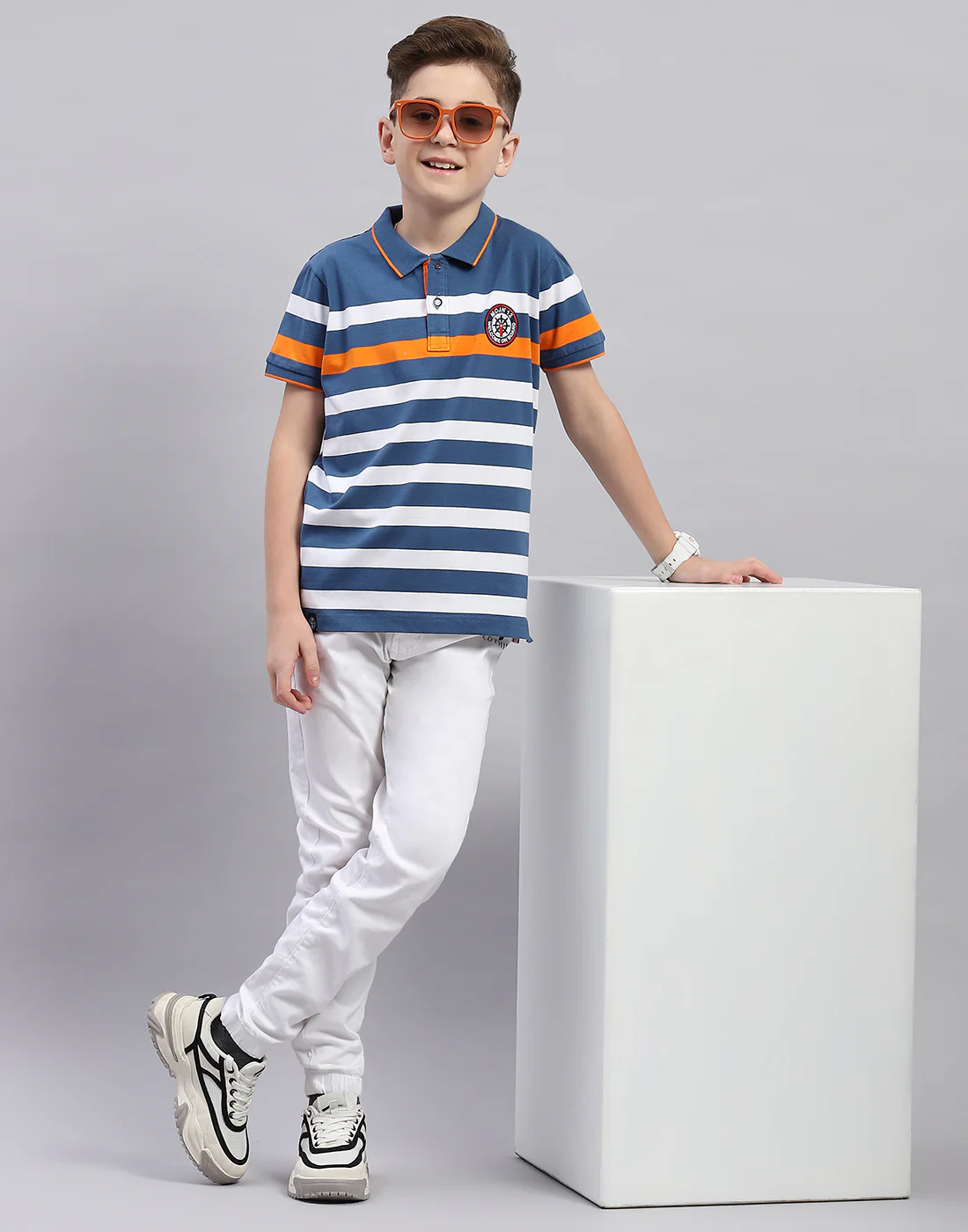 Boys Blue Stripe Polo Collar Half Sleeve T-Shirt - Image 2