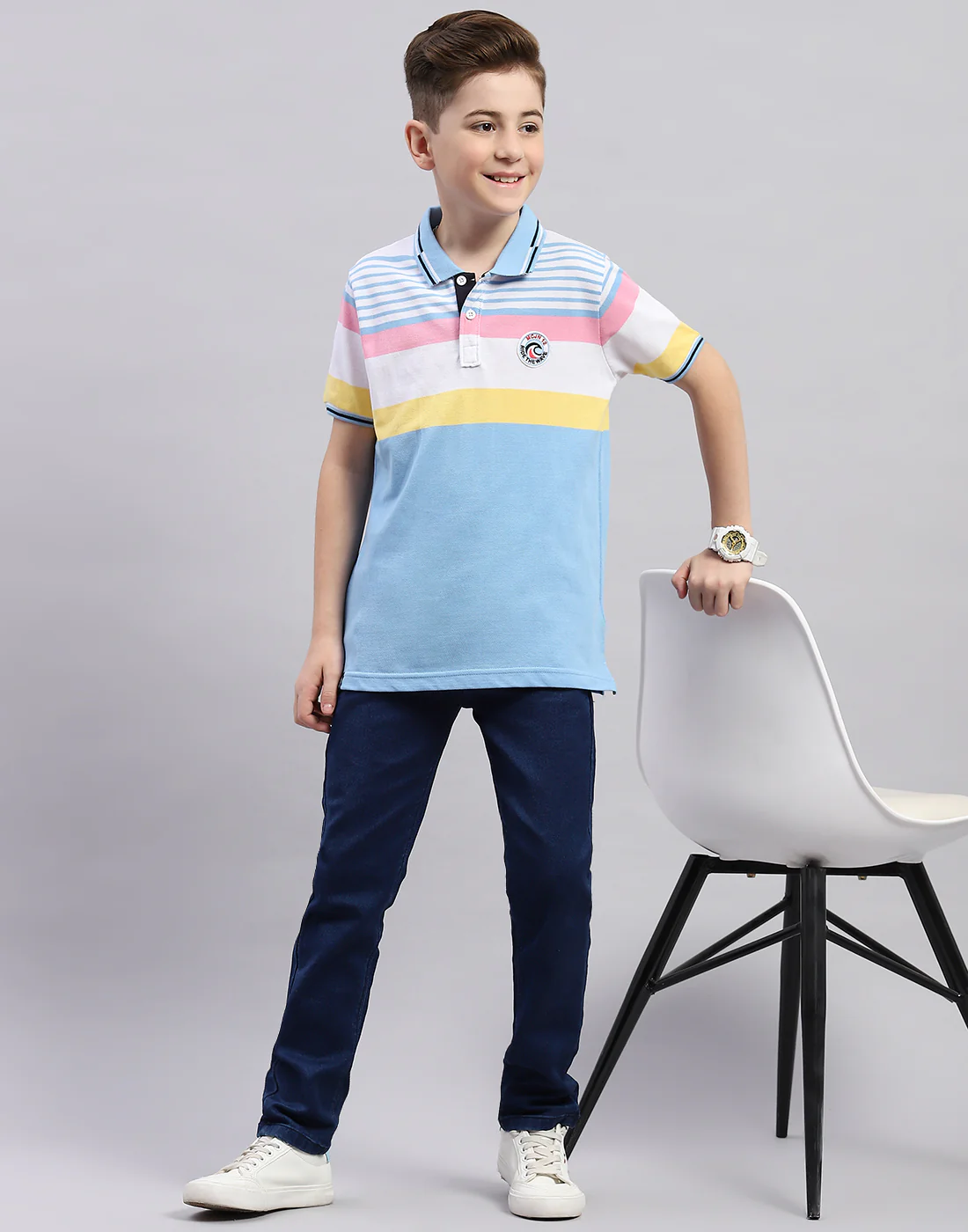 Boys Blue Stripe Polo Collar Half Sleeve T-Shirt - Image 2