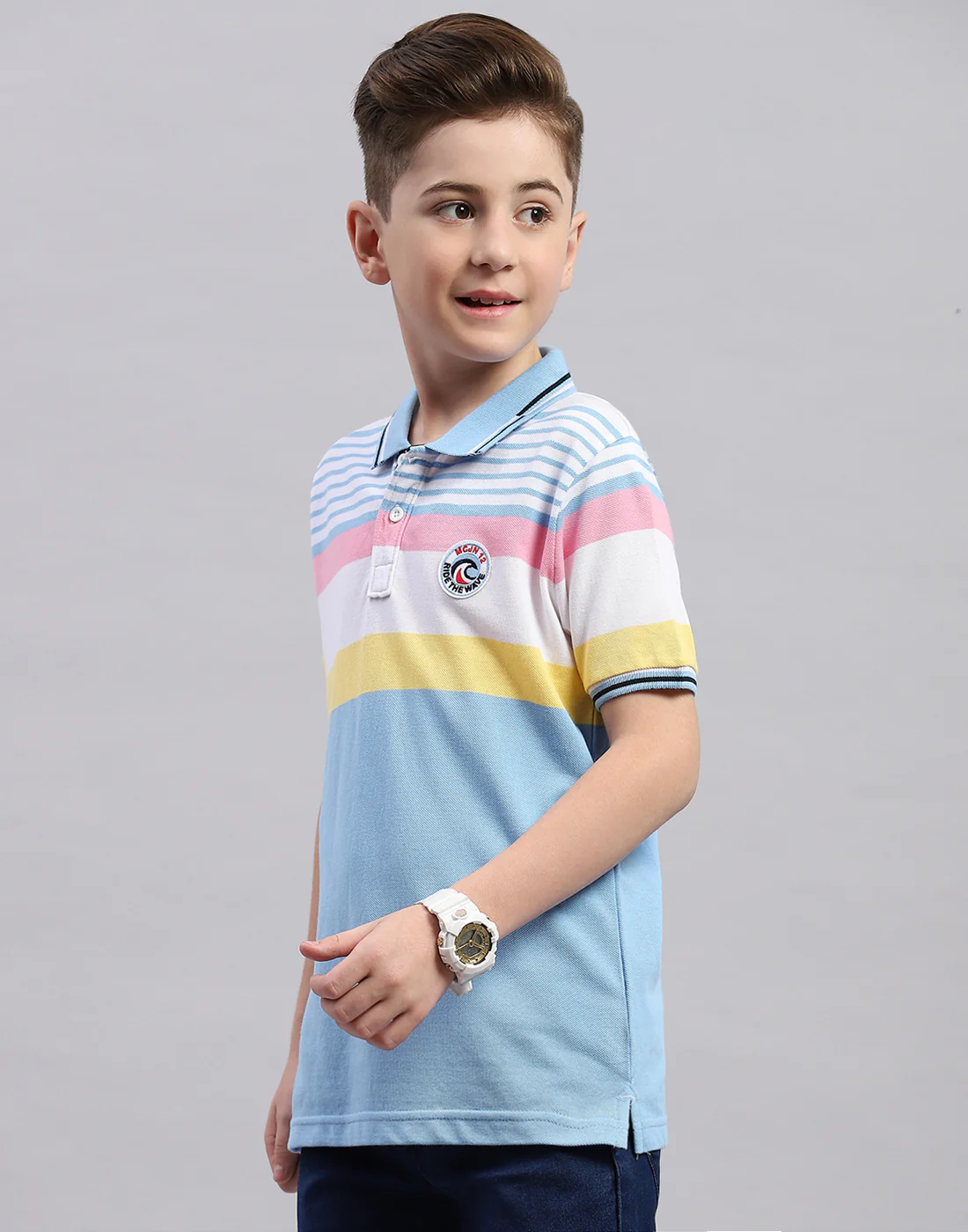 Boys Blue Stripe Polo Collar Half Sleeve T-Shirt - Image 3
