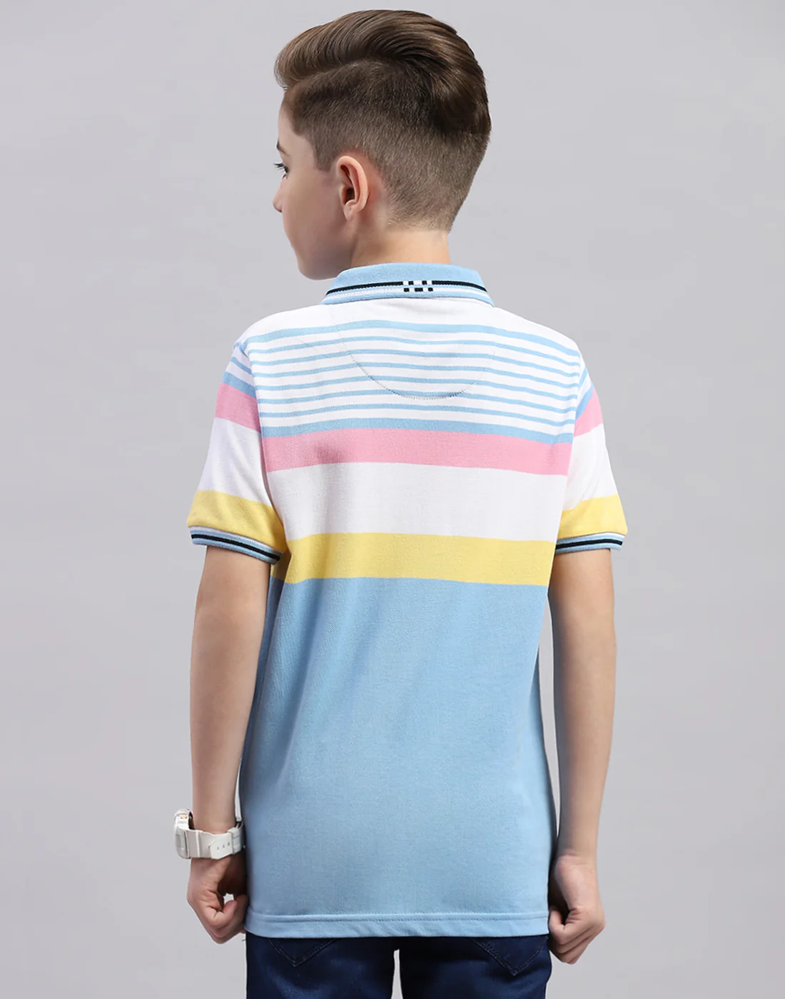 Boys Blue Stripe Polo Collar Half Sleeve T-Shirt - Image 5