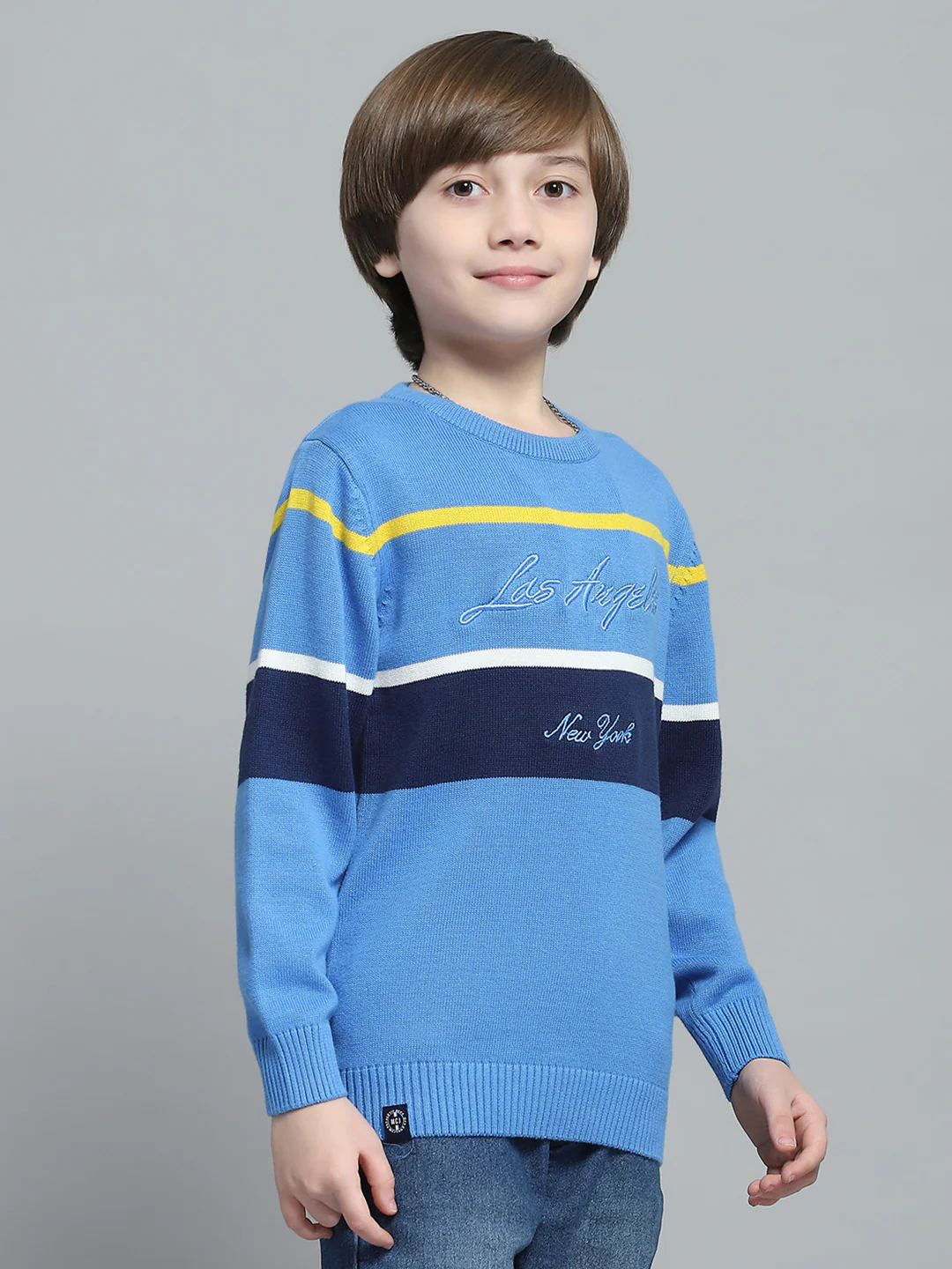 Boys Blue Stripe Round Neck Full Sleeve Pullover - Image 4