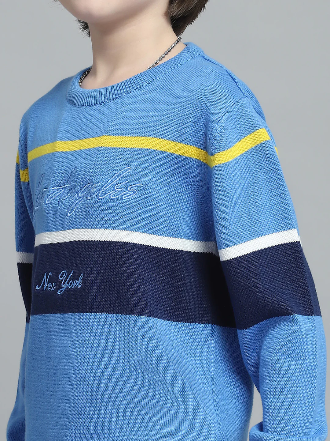 Boys Blue Stripe Round Neck Full Sleeve Pullover - Image 6