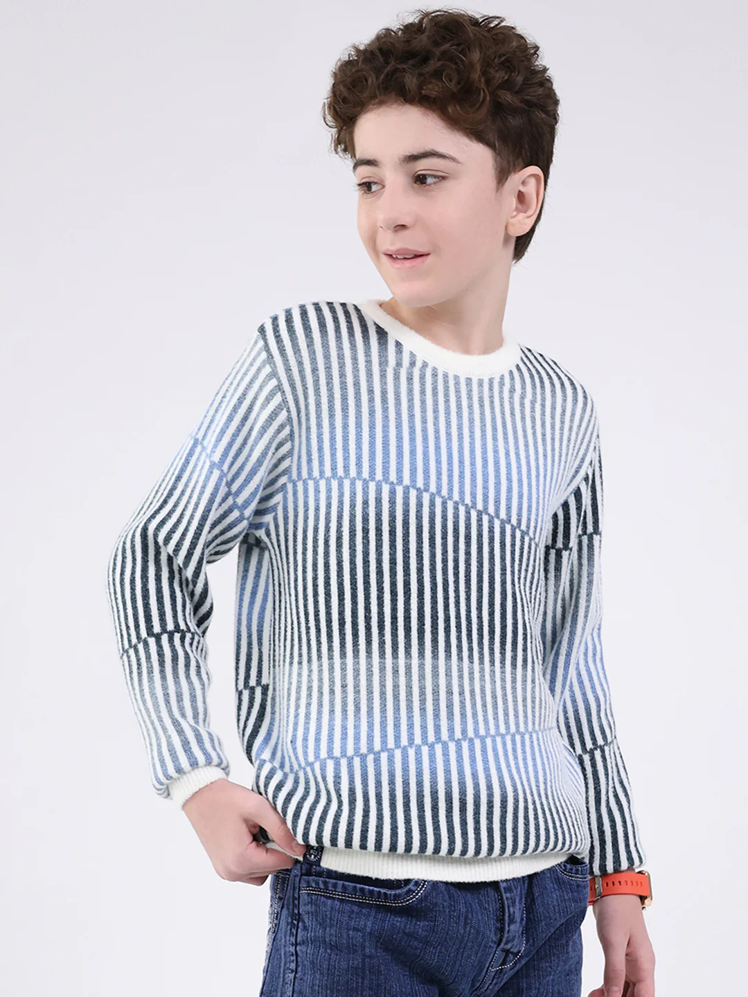 Boys Blue Stripe Round Neck Full Sleeve Pullover - Image 4