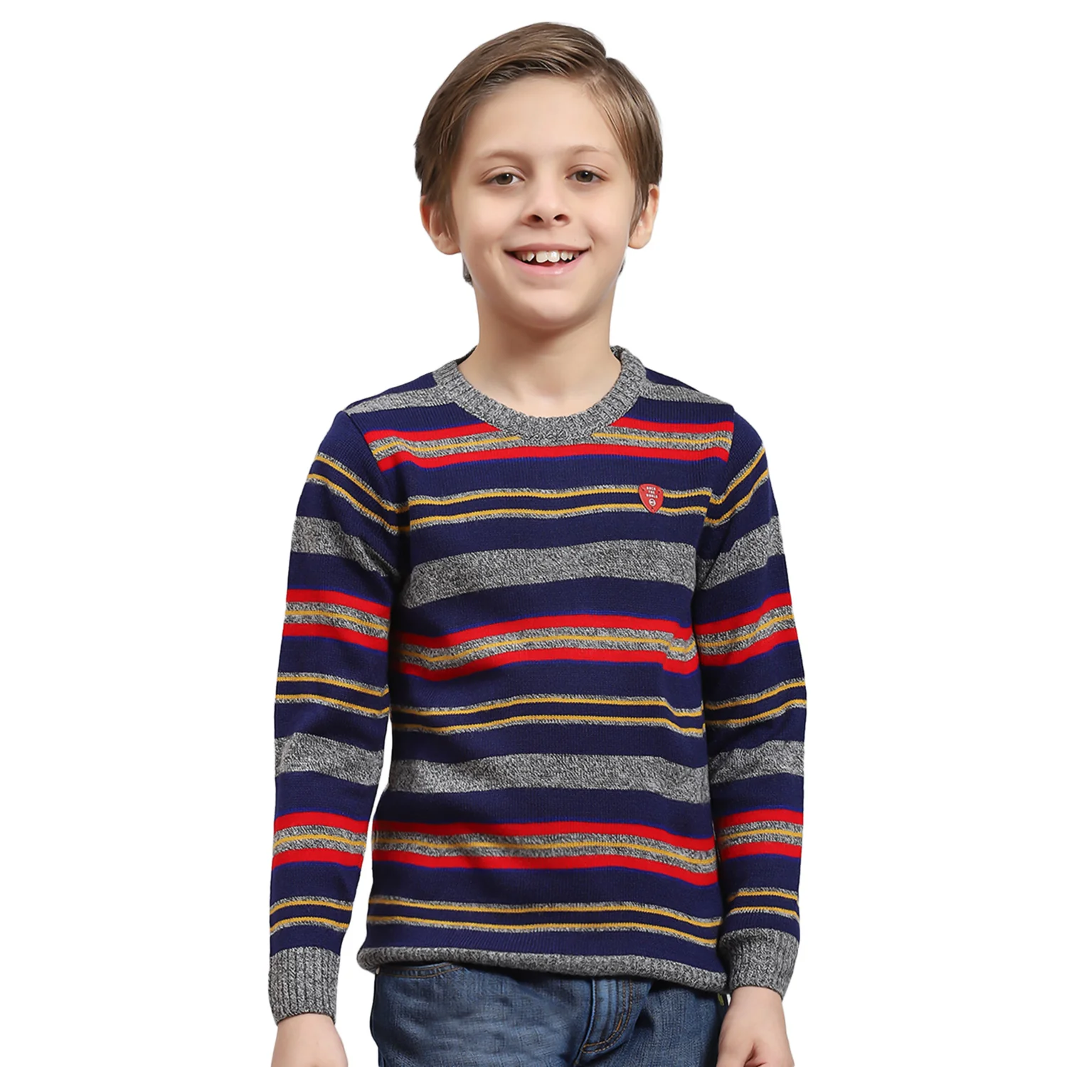 Boys Blue Stripe Round Neck Full Sleeve Sweater - Image 5