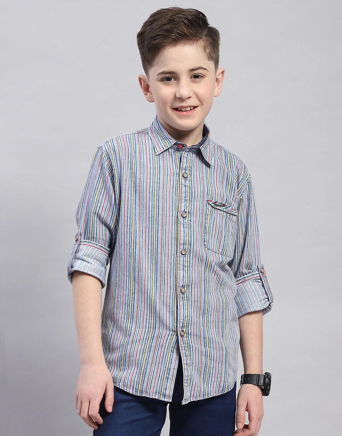 Boys Blue Stripe Spread Collar Full Sleeve Shirt - Image 2
