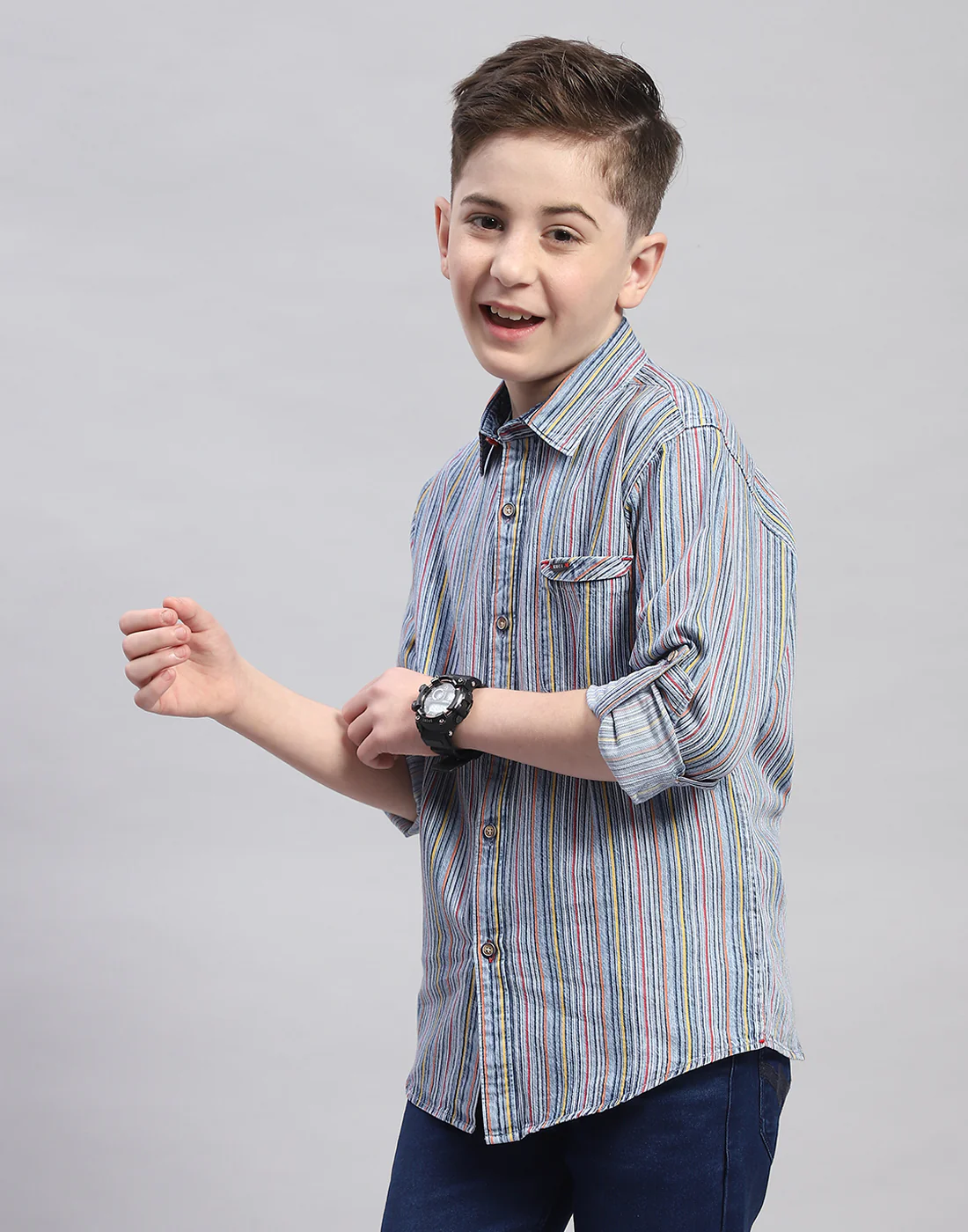 Boys Blue Stripe Spread Collar Full Sleeve Shirt - Image 3